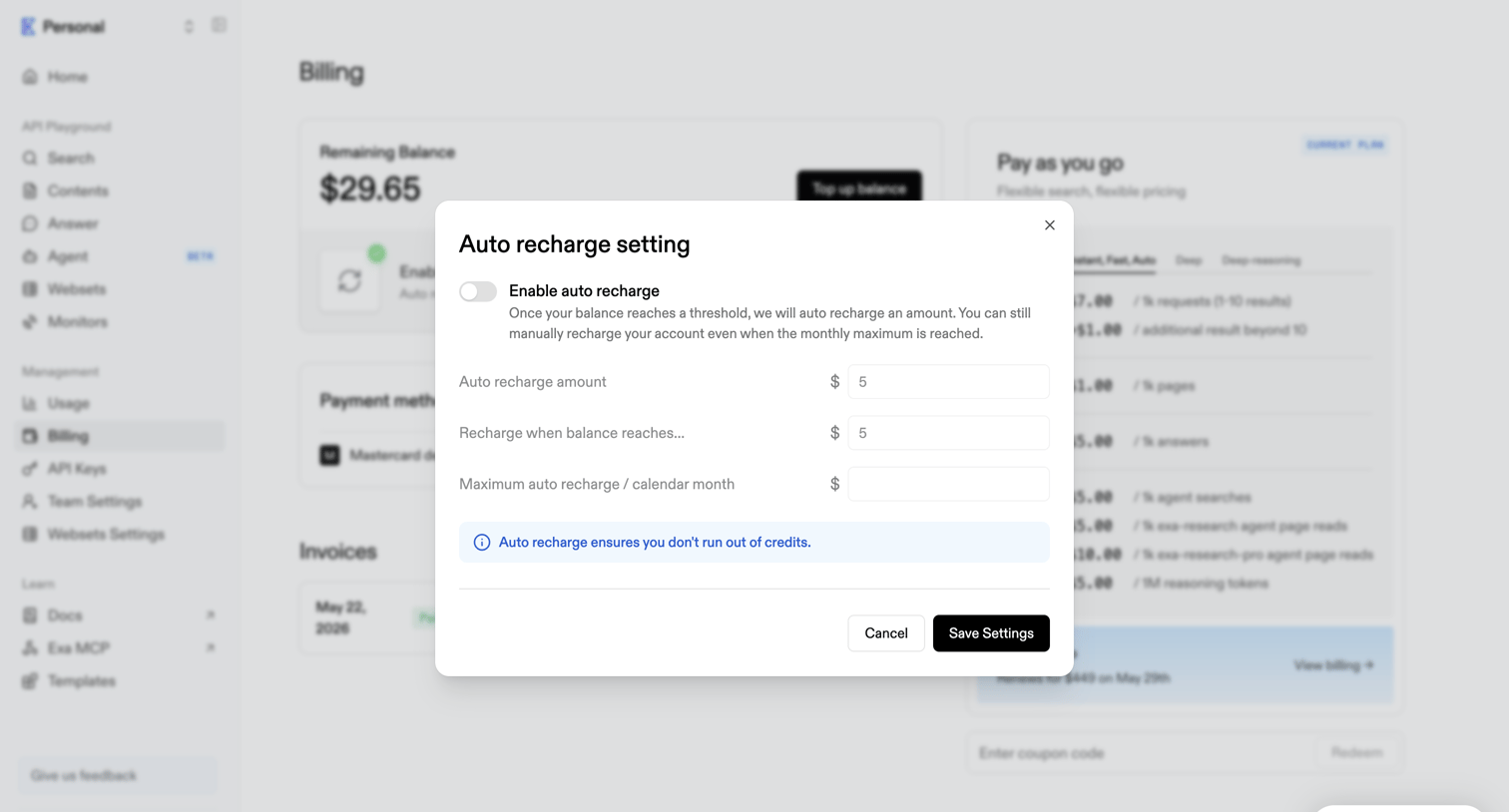 Exa - Billing | Exa API screen