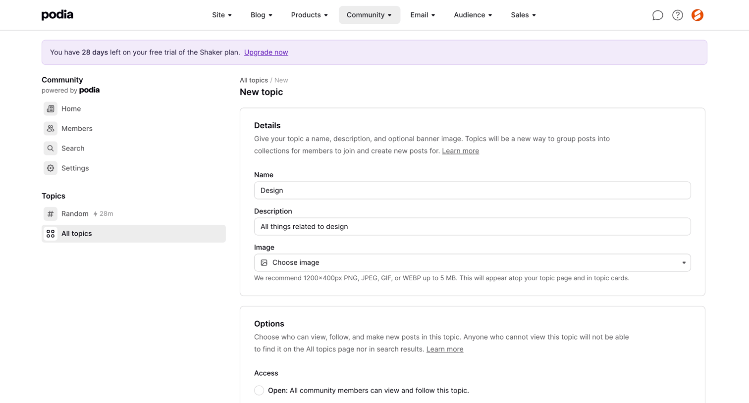 Podia - Podia Community | New topic screen