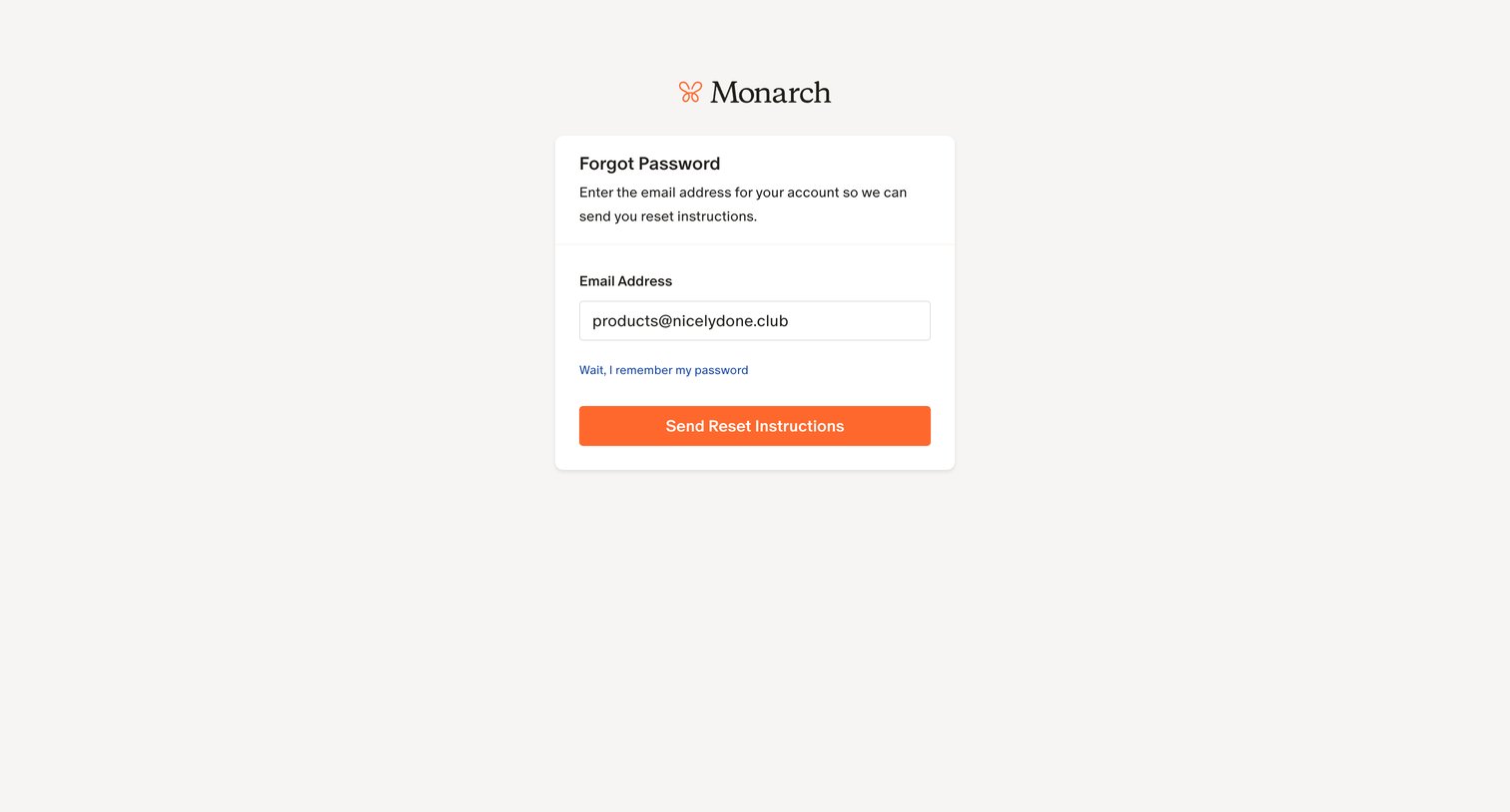 Monarch - Monarch | Forgot Password screen