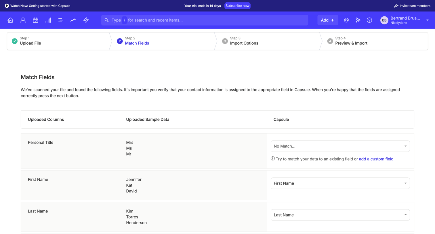 Capsule - Match Fields | Import | Nicelydone CRM screen