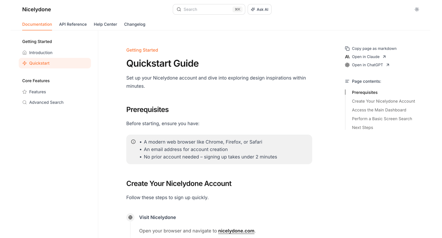 Documentation.AI - Quickstart Guide - Nicelydone screen
