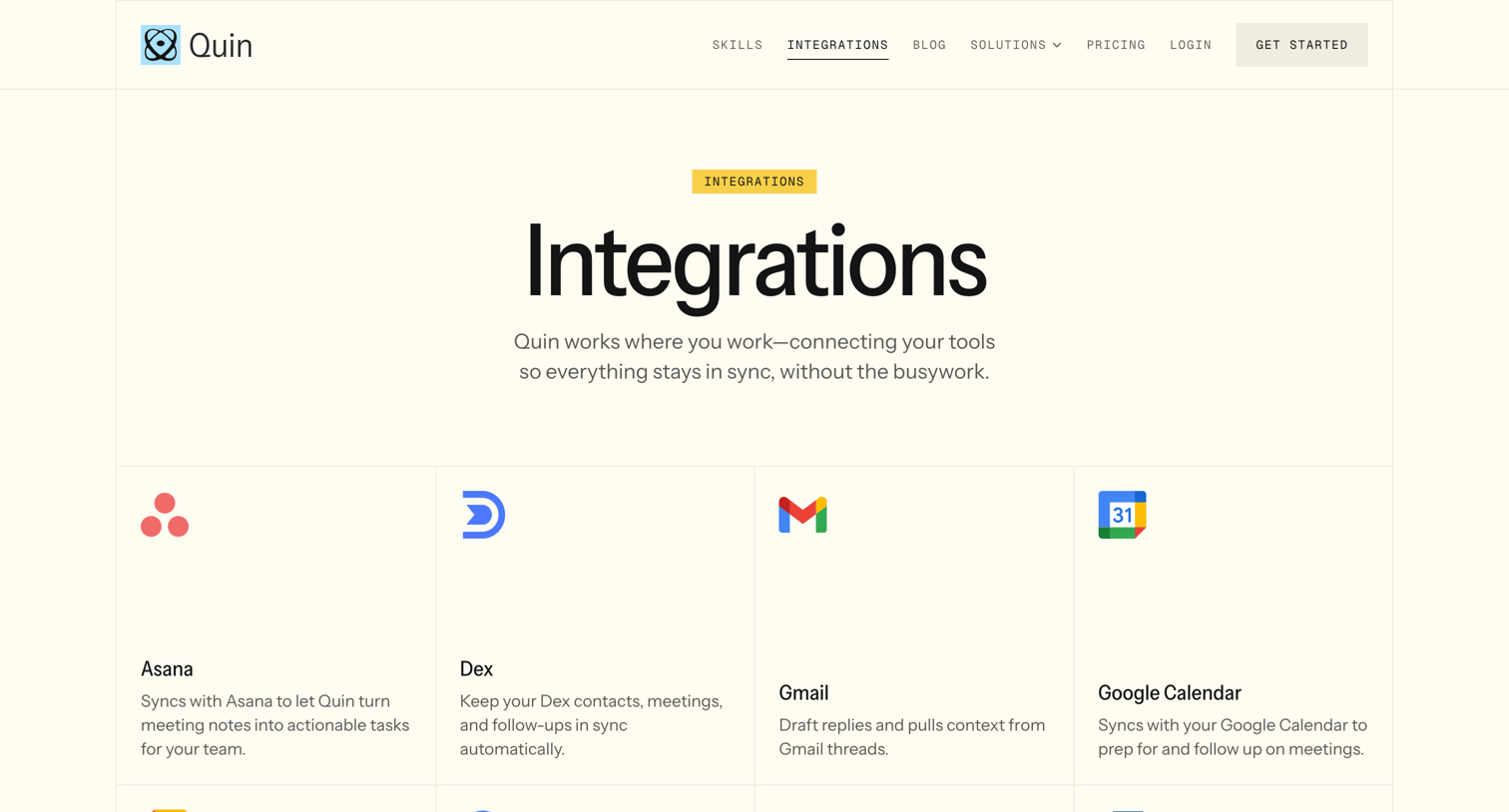 Quin - Quin — Integrations screen