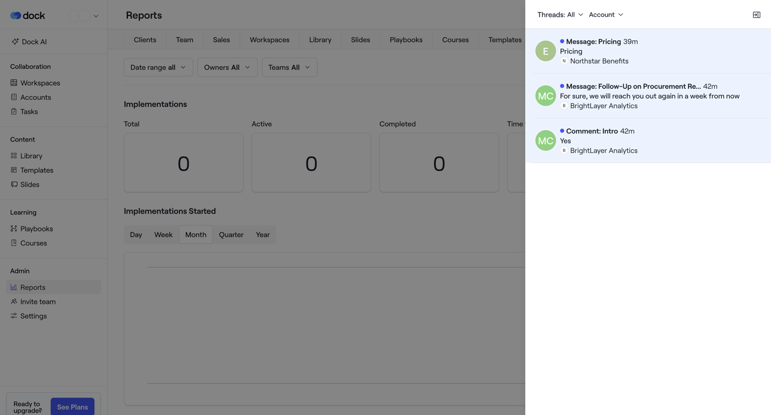 Dock - Reports · Dock screen