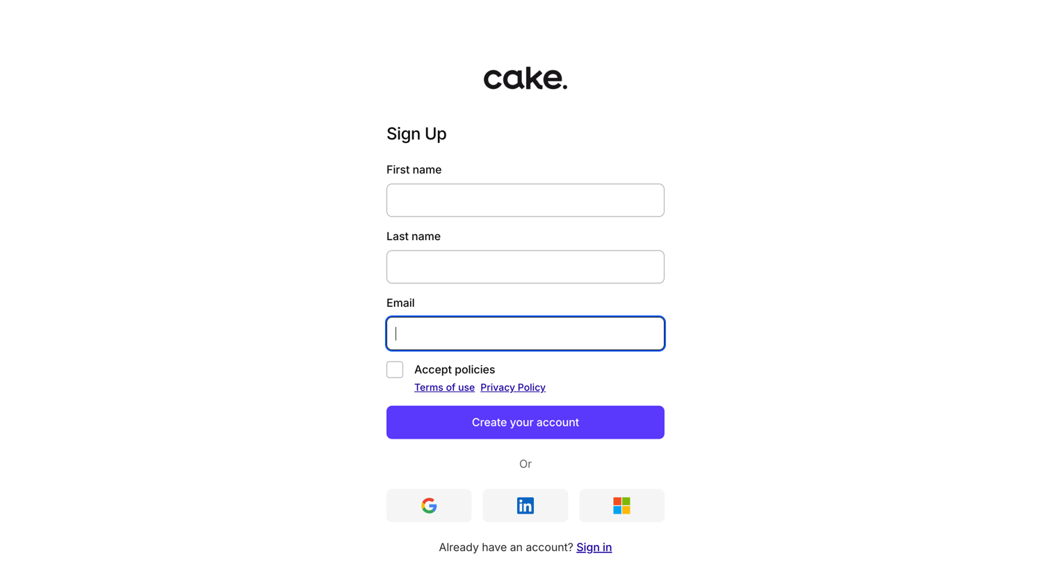Cake - Sign up | Cake Equity screen
