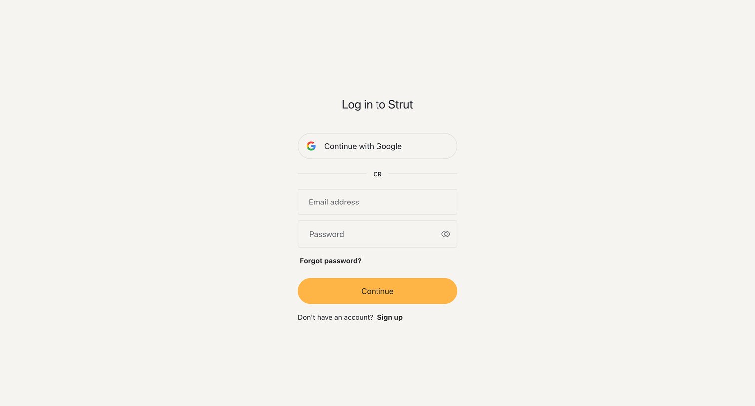 Strut - Log in — Strut screen