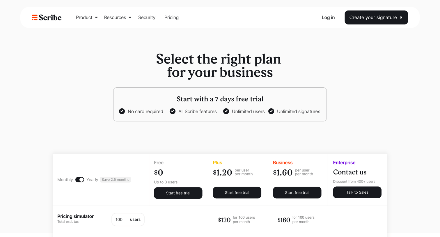 Scribe - Scribe email signatures marketing - Pricing screen