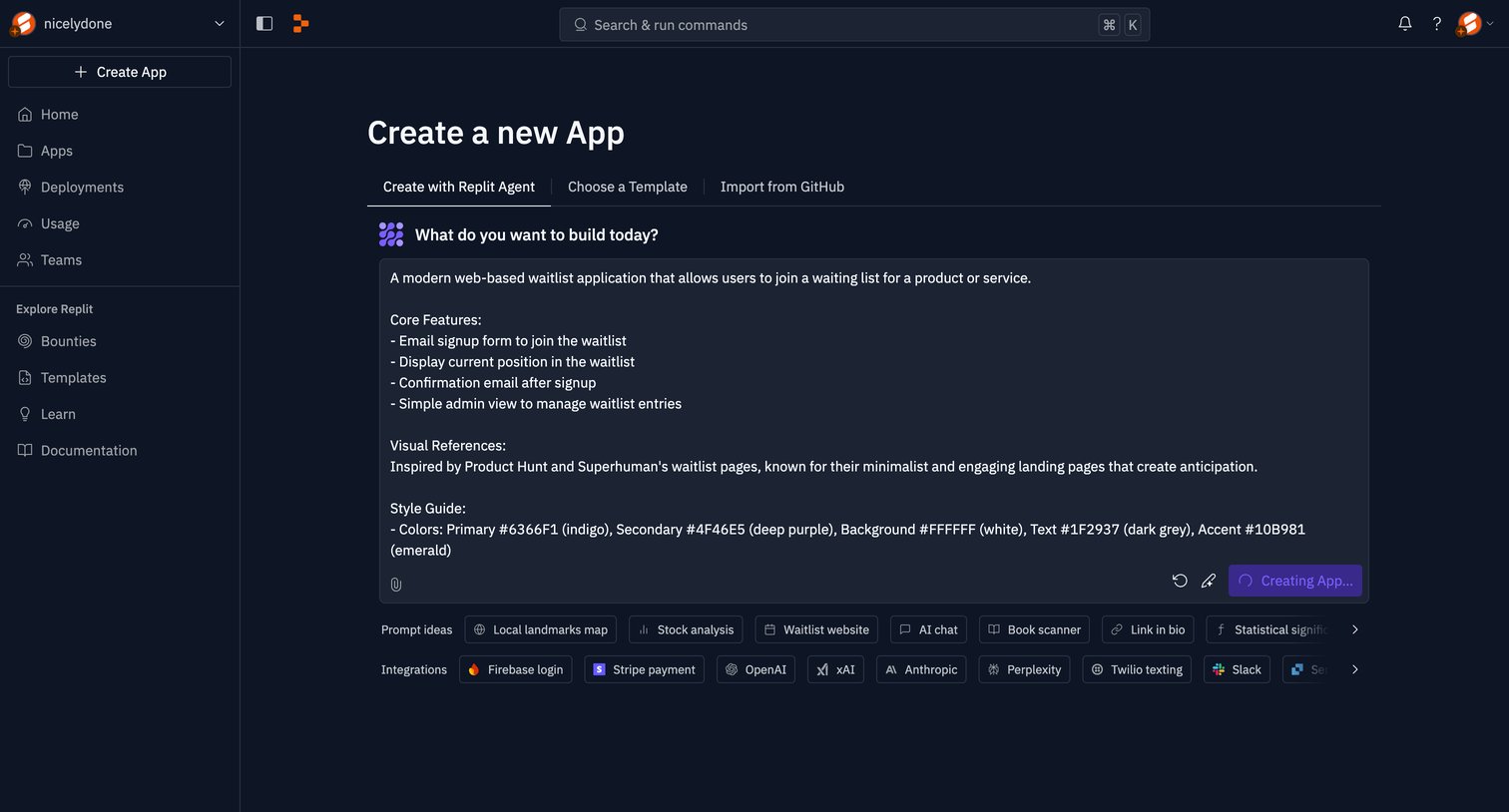 Replit - Create a new App - Replit screen