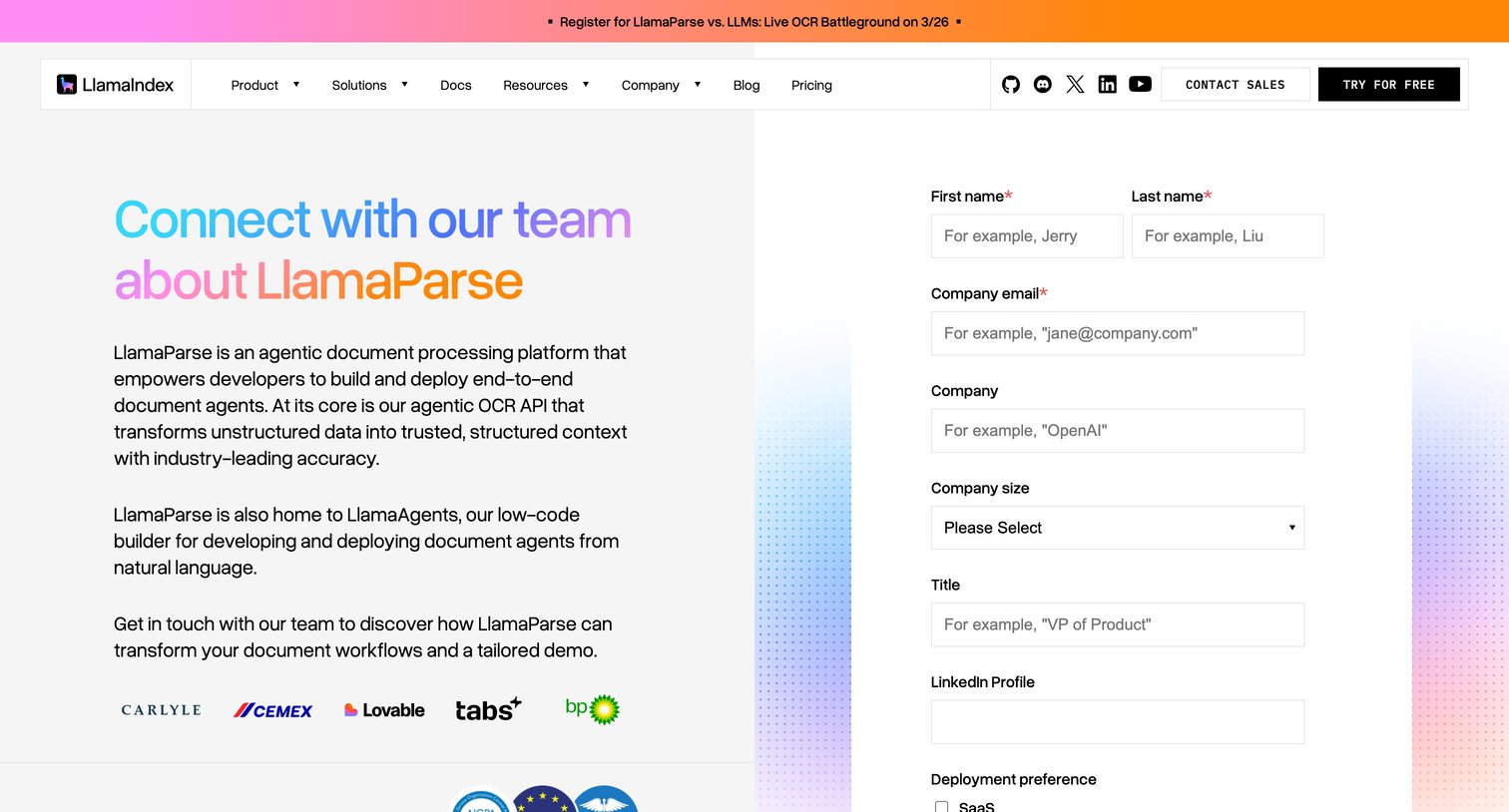 Llamaindex - Contact Sales Talk To Us & Build With LlamaParse  LlamaIndex screen