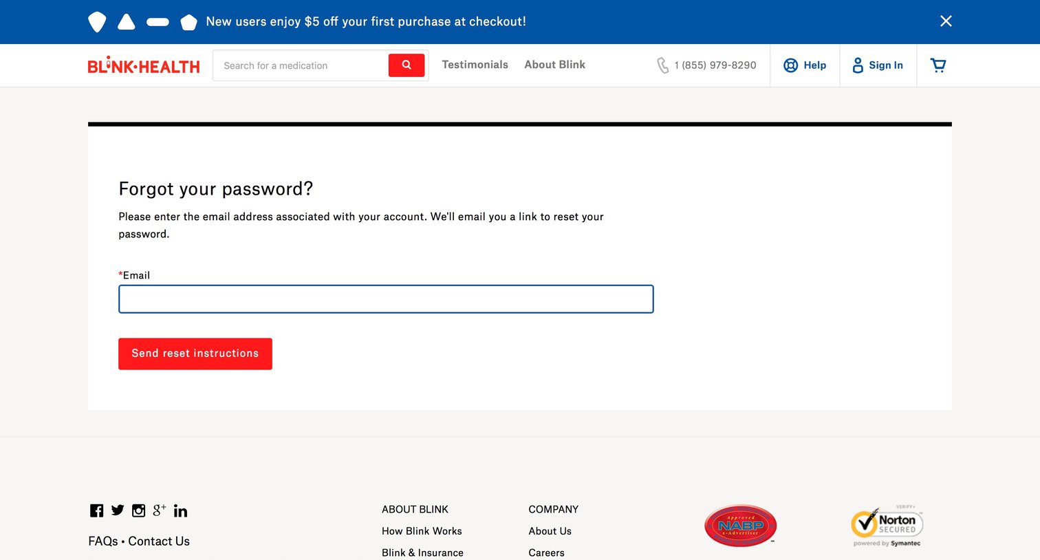 Blink Health - Password reset screen
