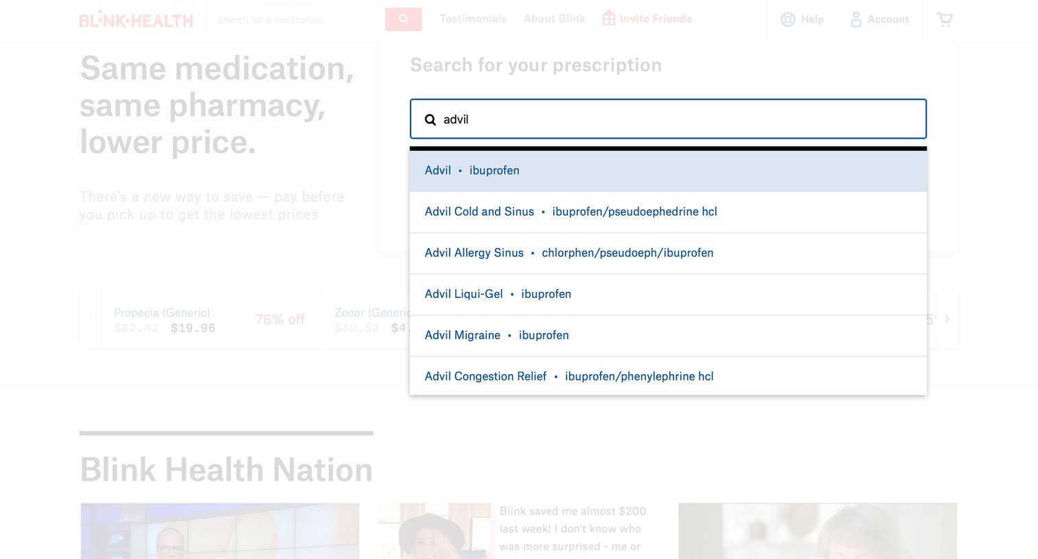 Blink Health - Search screen