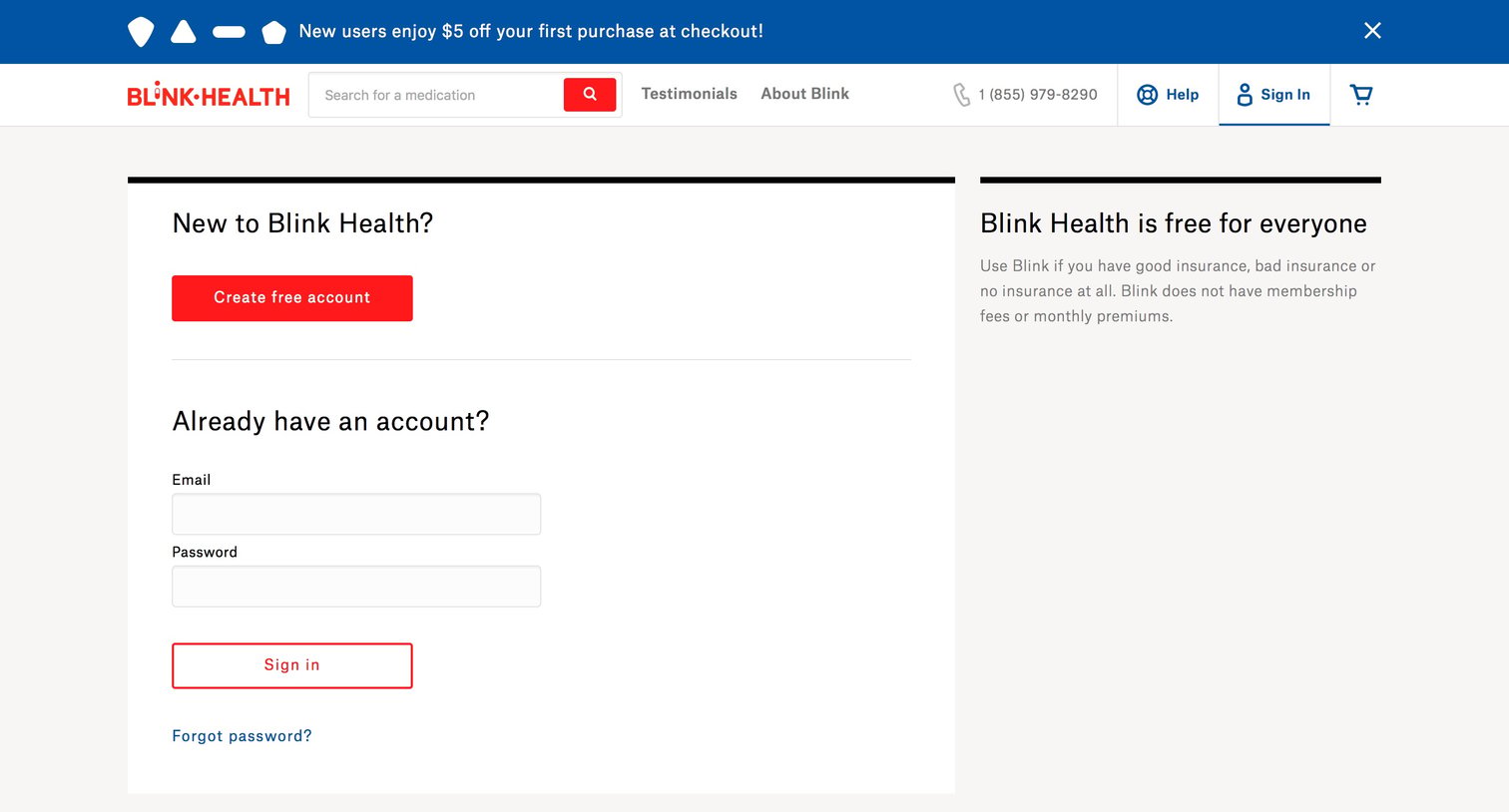 Blink Health - Sign in screen