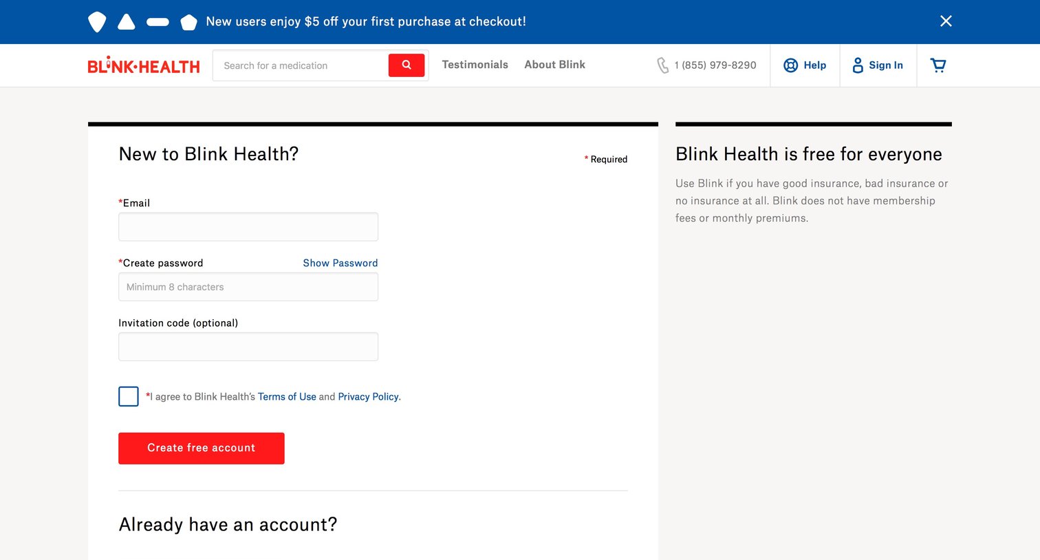 Blink Health - Sign up screen