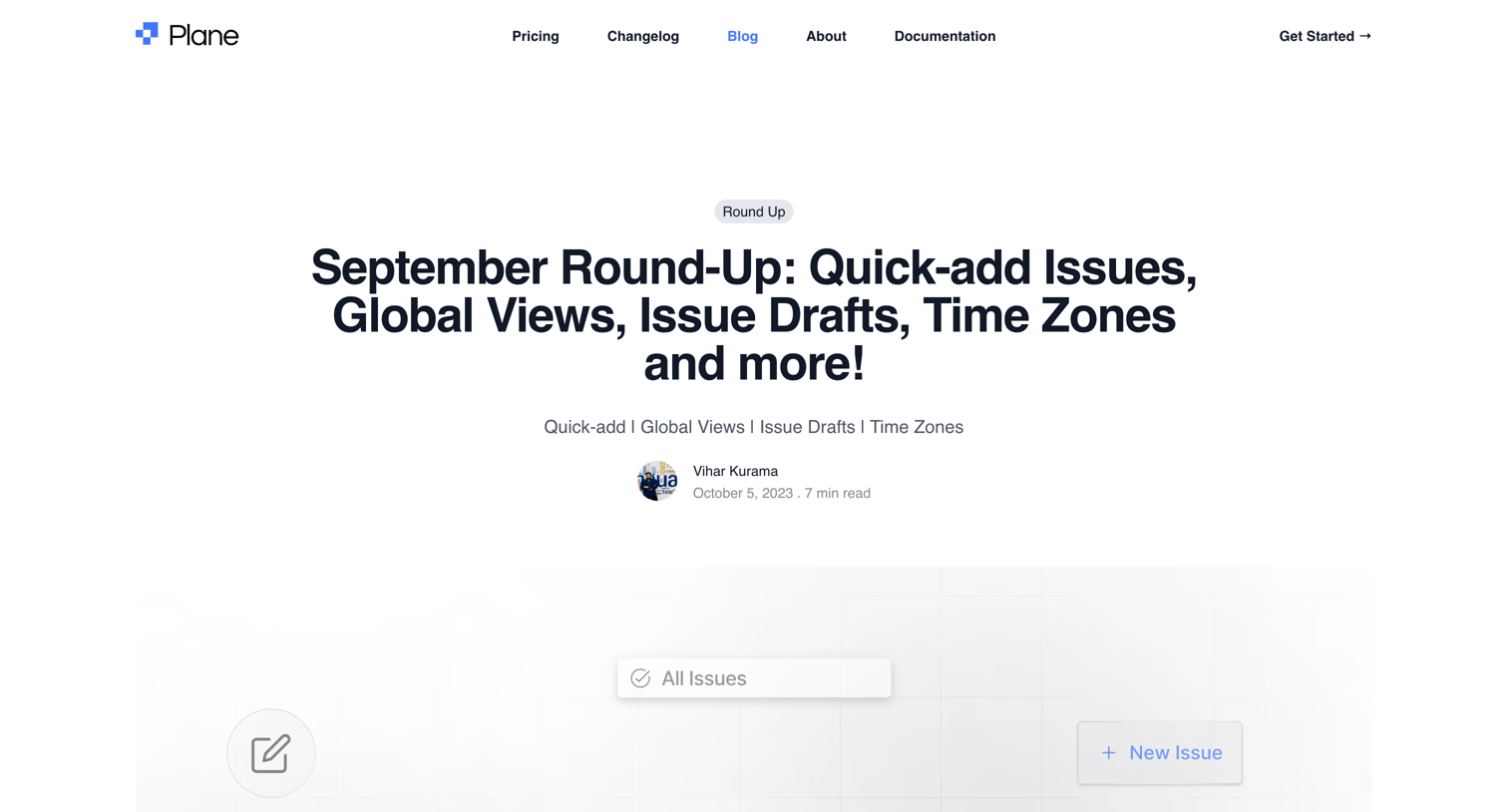 Plane - September Round-Up Quick-add Issues, Global Views, Issue Drafts, screen
