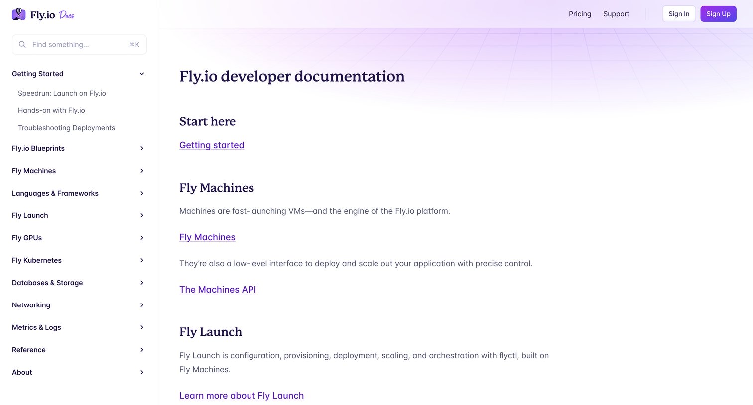 Fly - Fly.io developer documentation · Fly Docs screen