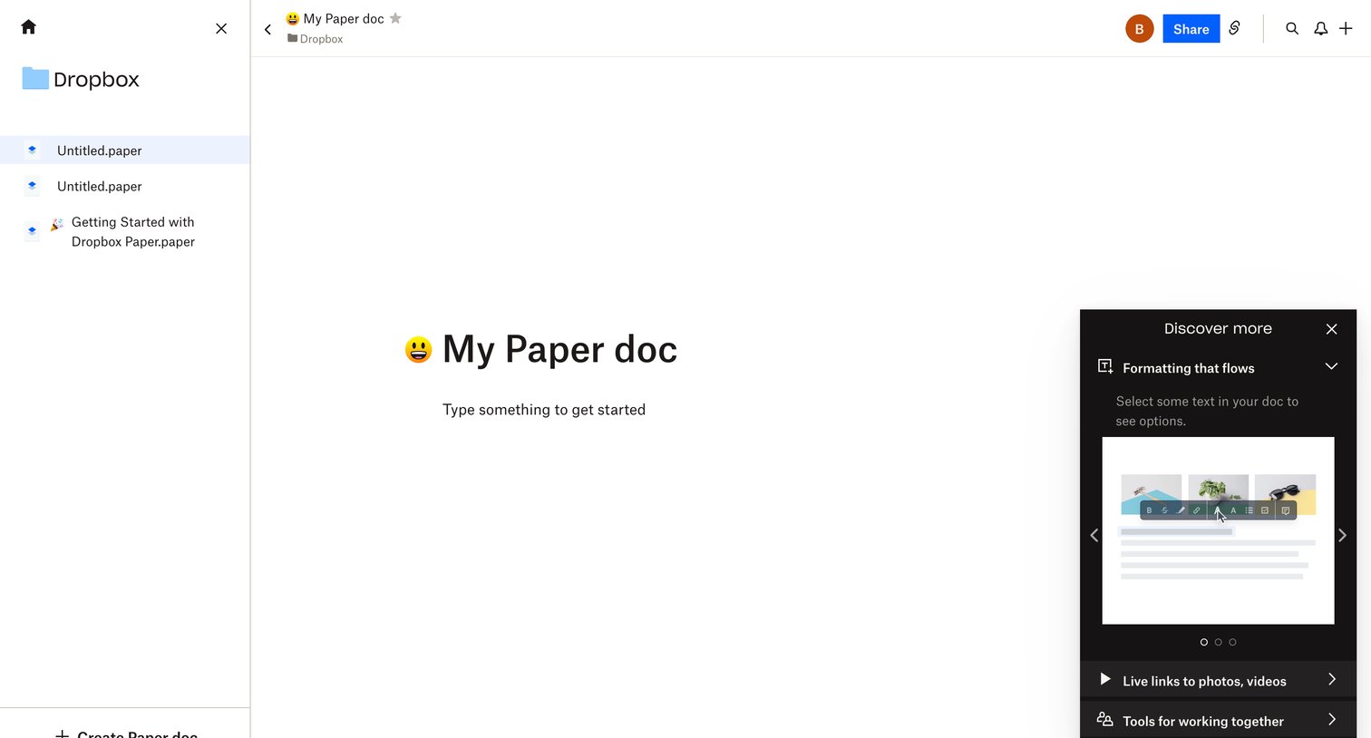 Dropbox paper - My Paper doc - Dropbox Paper screen