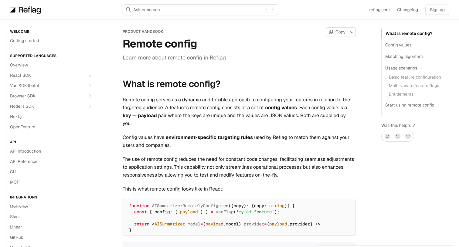 Reflag - Remote config Reflag docs screen