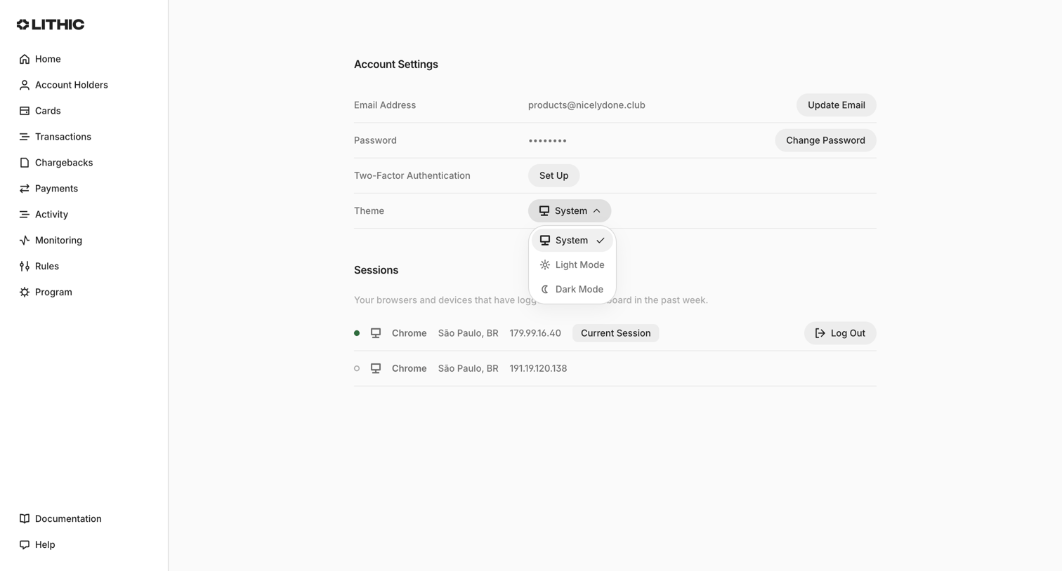 Lithic - Lithic - Account Settings screen