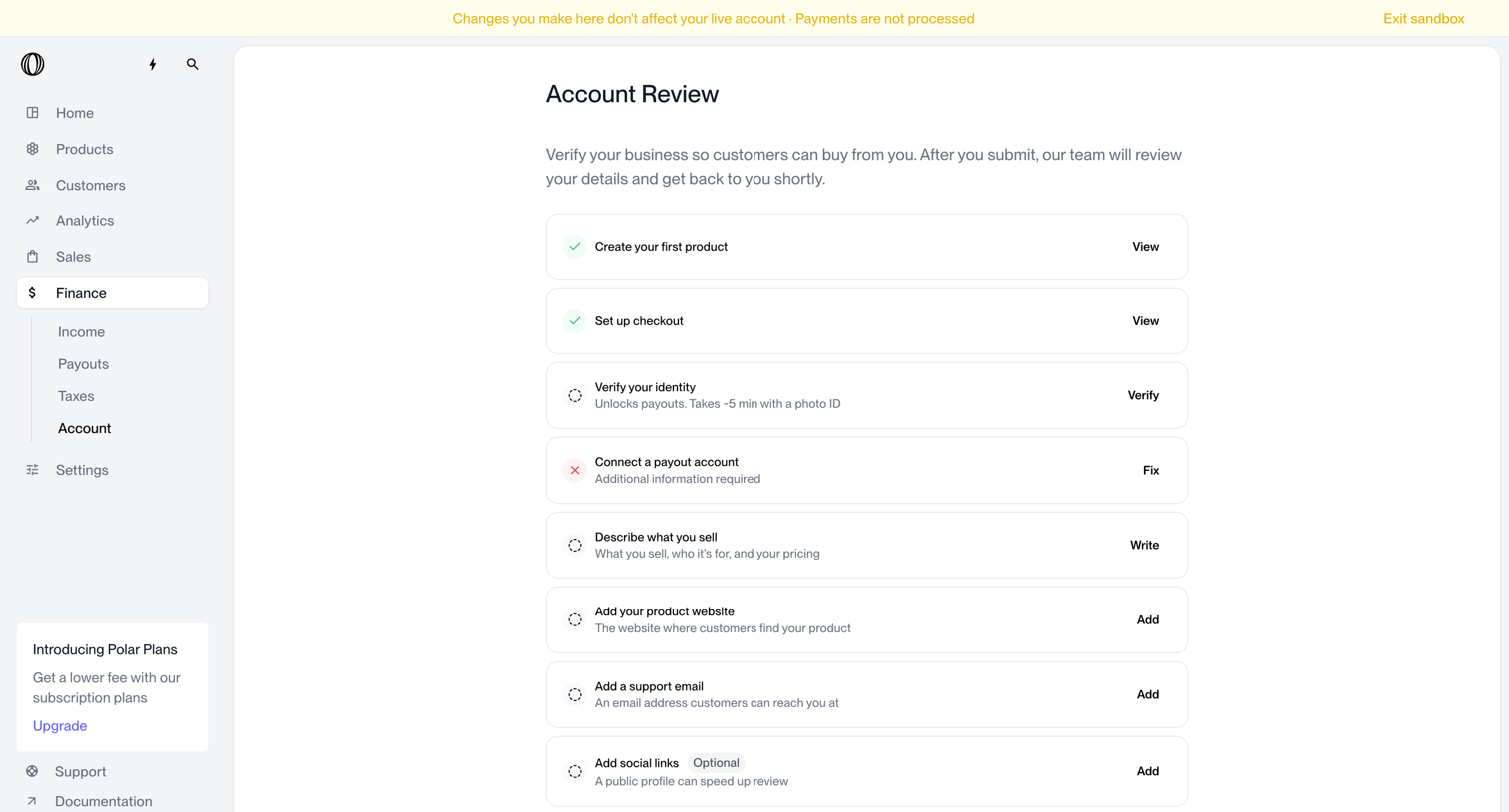 Polar - Finance - Payout Account | Nicelydone | Polar screen