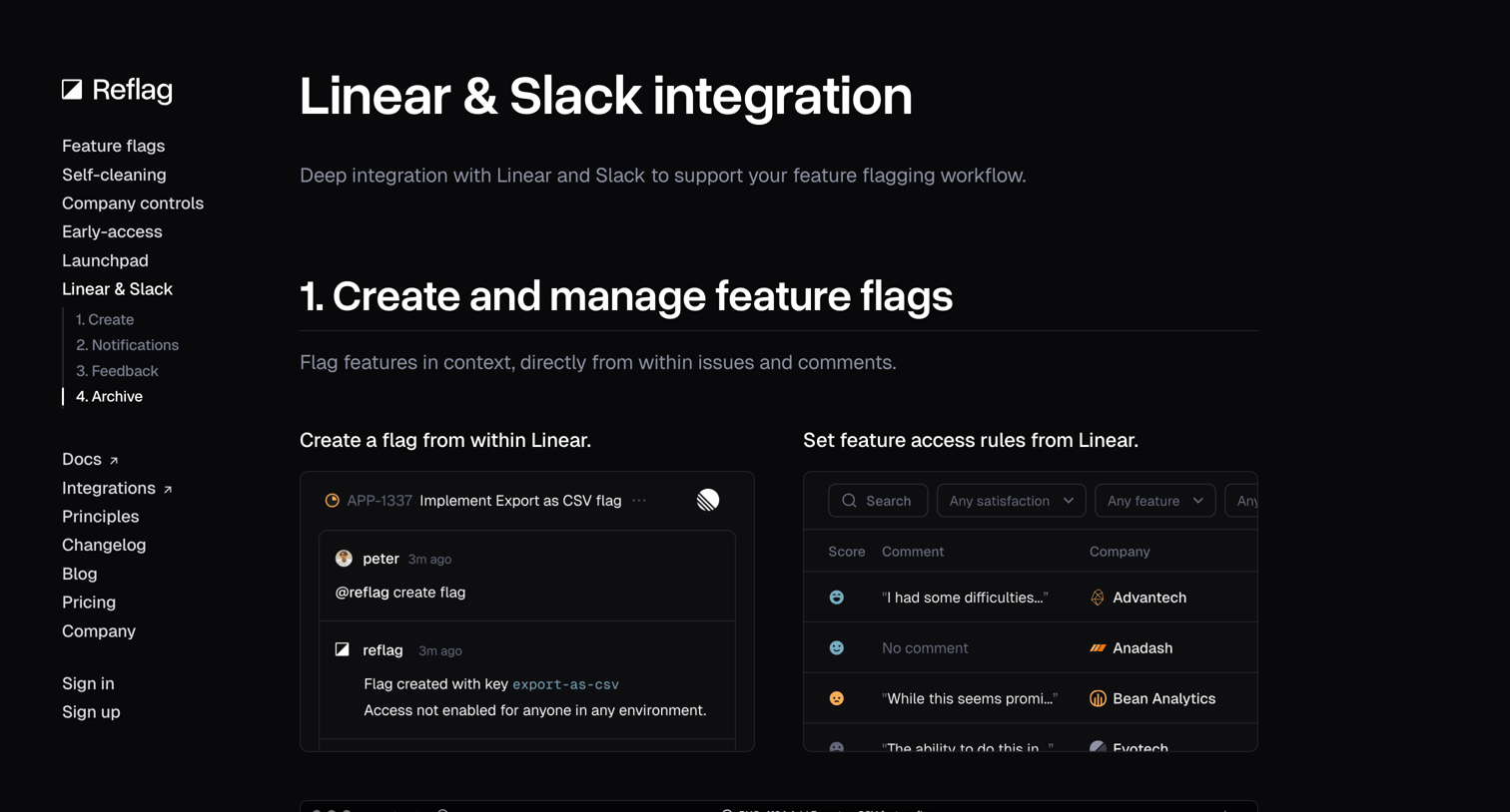 Reflag - Linear & Slack Integration  Reflag screen
