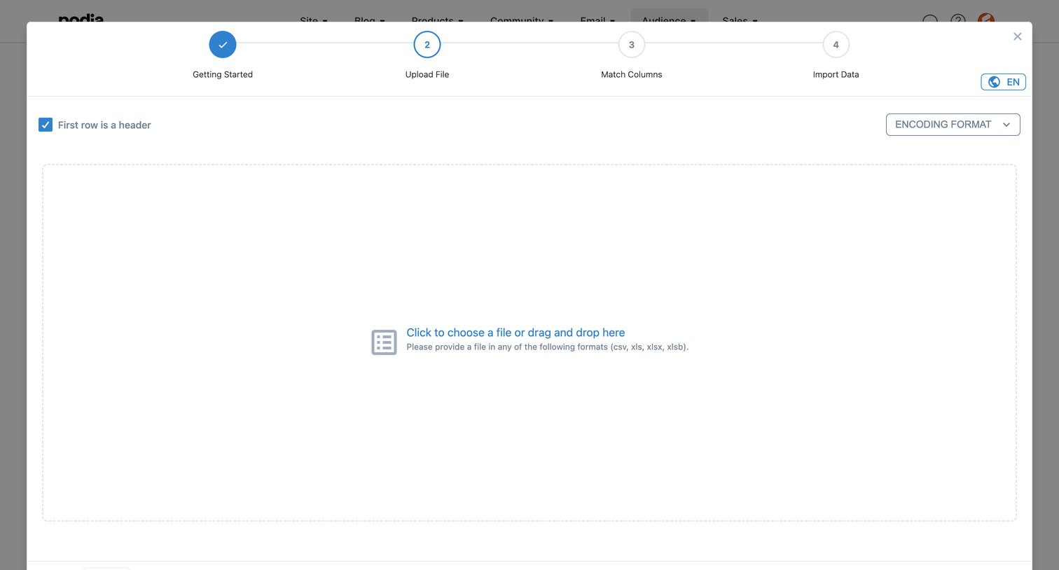 Podia - Podia New import screen