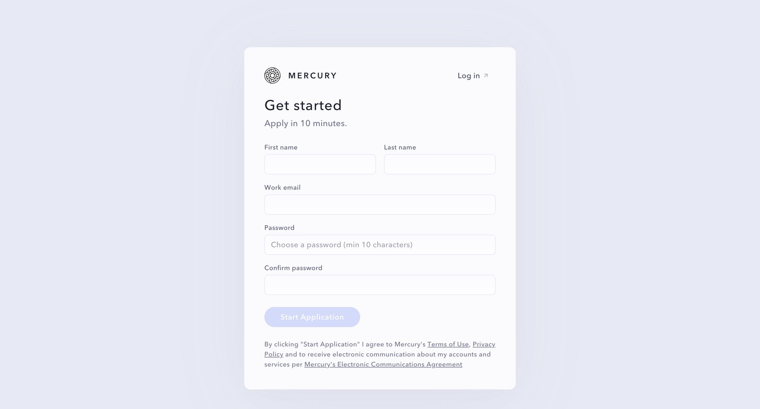Mercury - Sign Up | Get Started  Mercury screen
