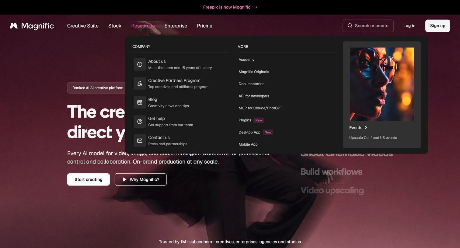 Magnific - Magnific (formerly Freepik) | The AI Creative Platform - hover: Resources screen