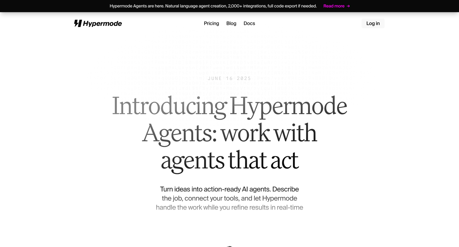 Hypermode - Introducing Hypermode Agents work with agents that act – Hypermode screen