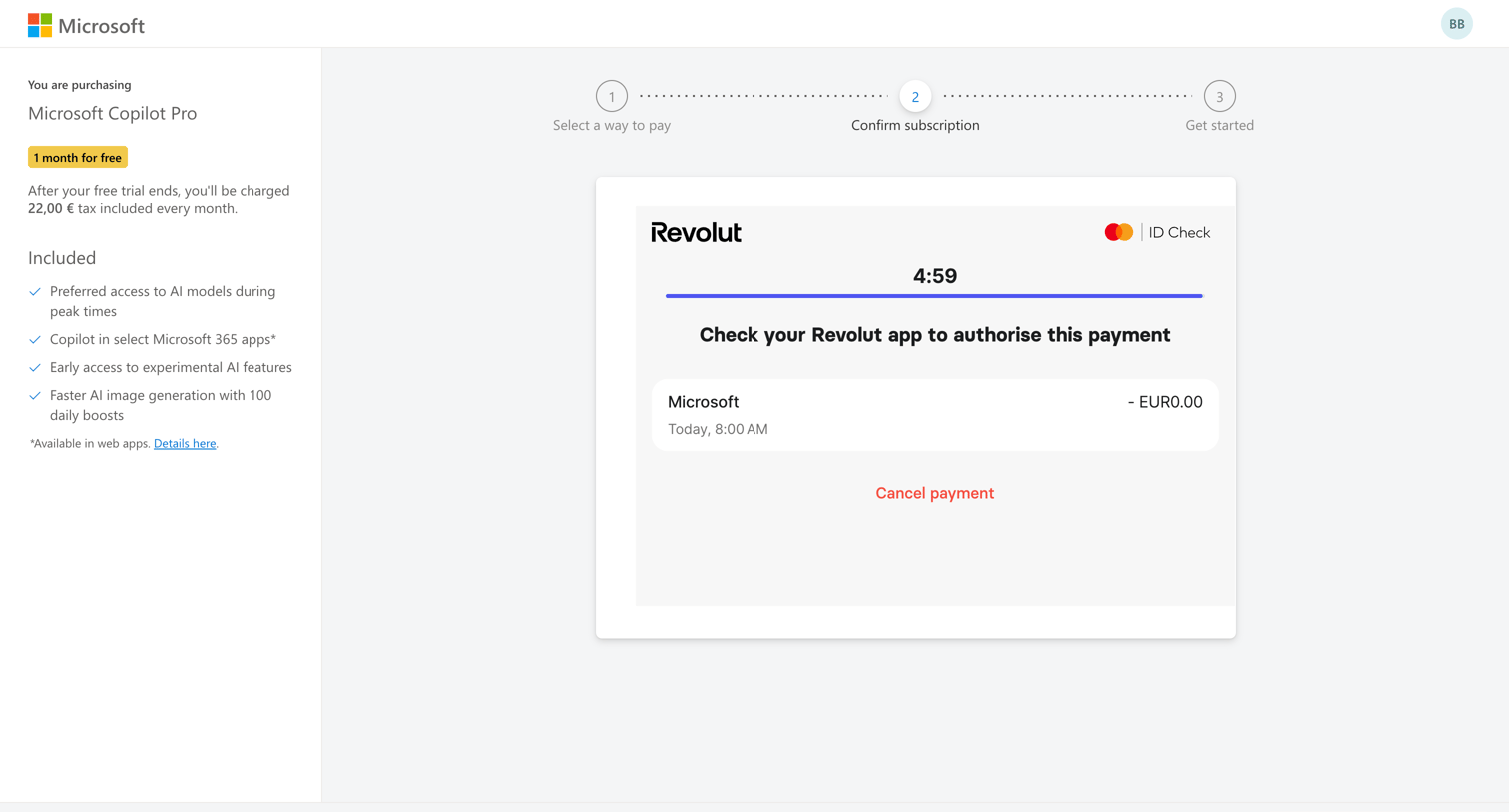 Copilot - Microsoft Checkout screen