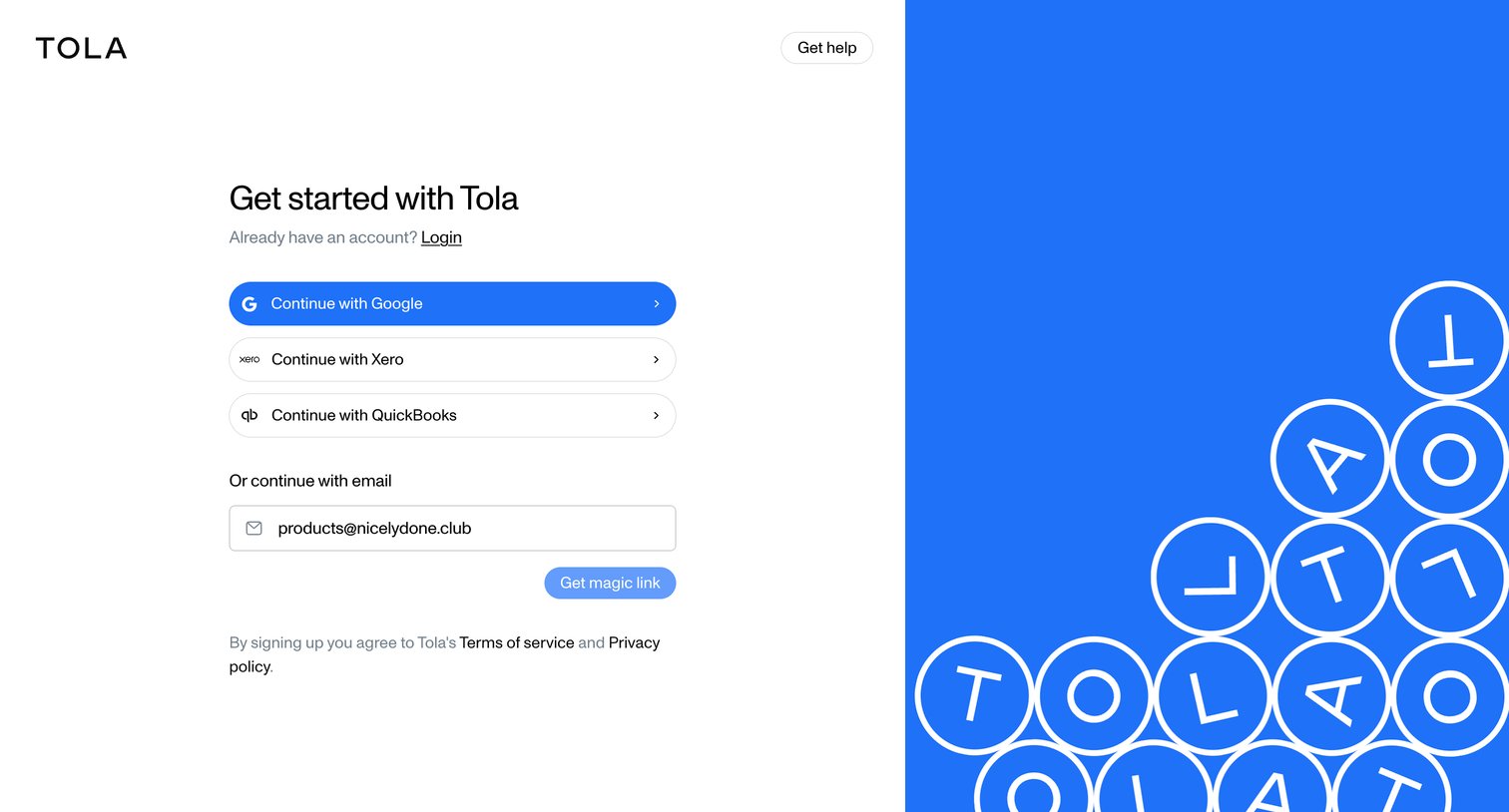 Tola - Get started • Tola screen