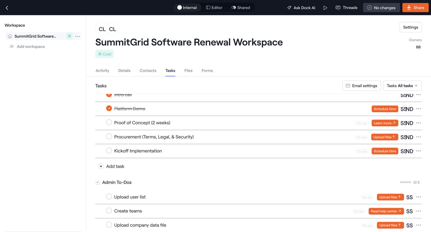 Dock - Internal · SummitGrid Software Renewal Workspace screen