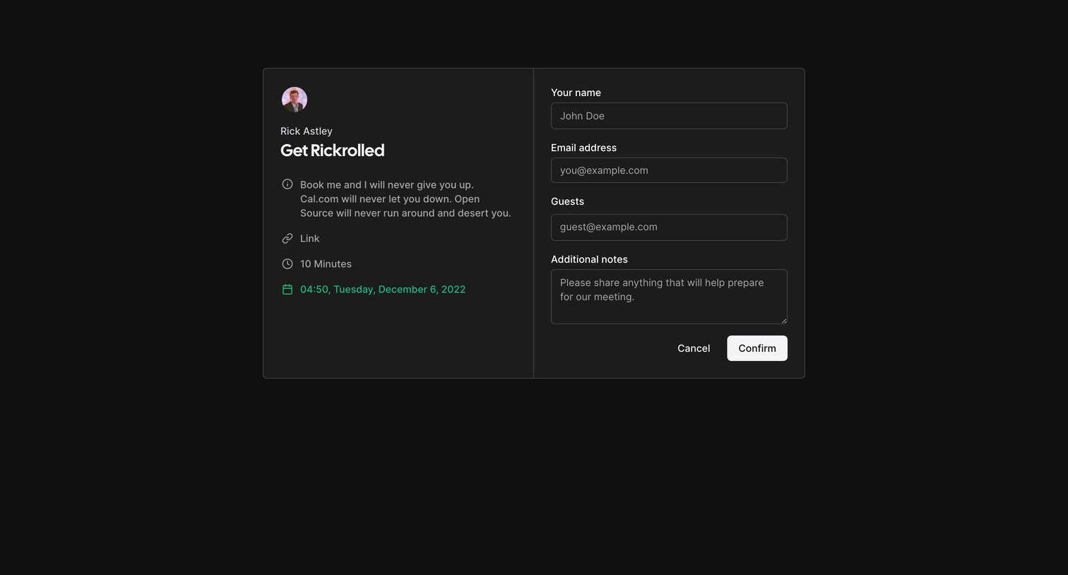 Cal.com - Confirm your Get Rickrolled with Rick Astley | Cal.com screen