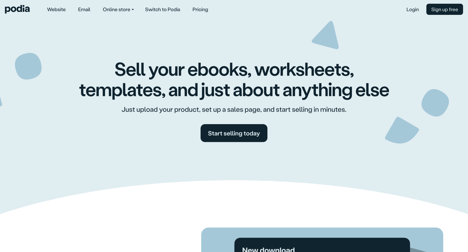 Podia - Sell digitial downloads for free with Podia | Podia screen