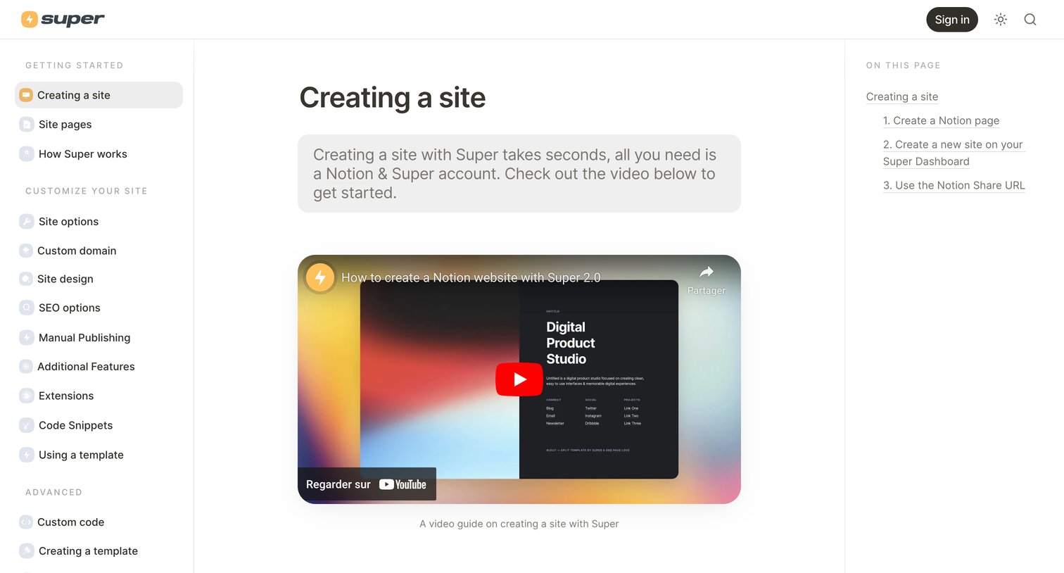Super - Creating a site screen