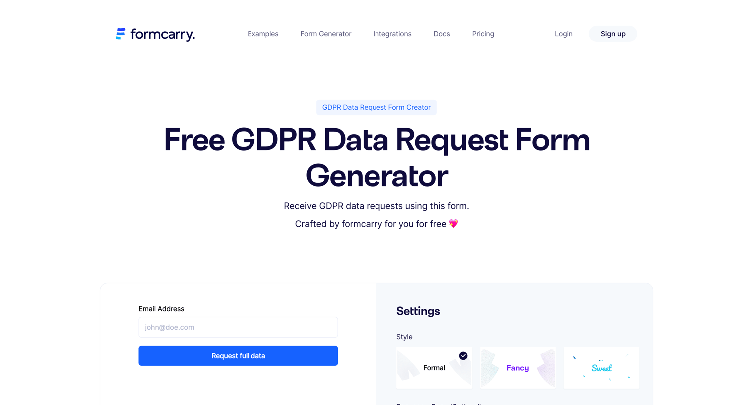 Formcarry - GDPR Data Request Form Generator | Free  Responsive  Formcarry screen