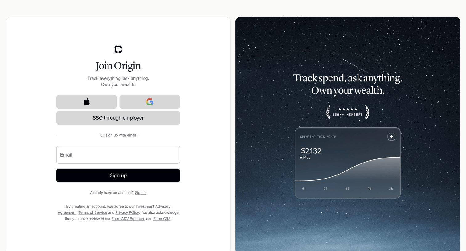 Origin Financial screen