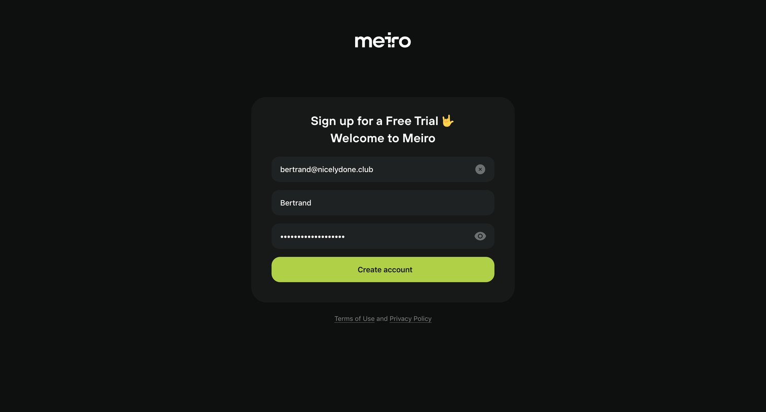Meiro - Log in · Meiro screen