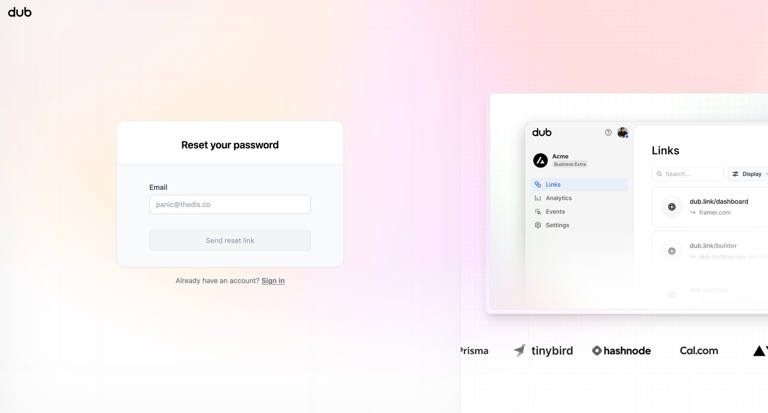 Dub - Forgot Password for Dub.co | Dub.co screen