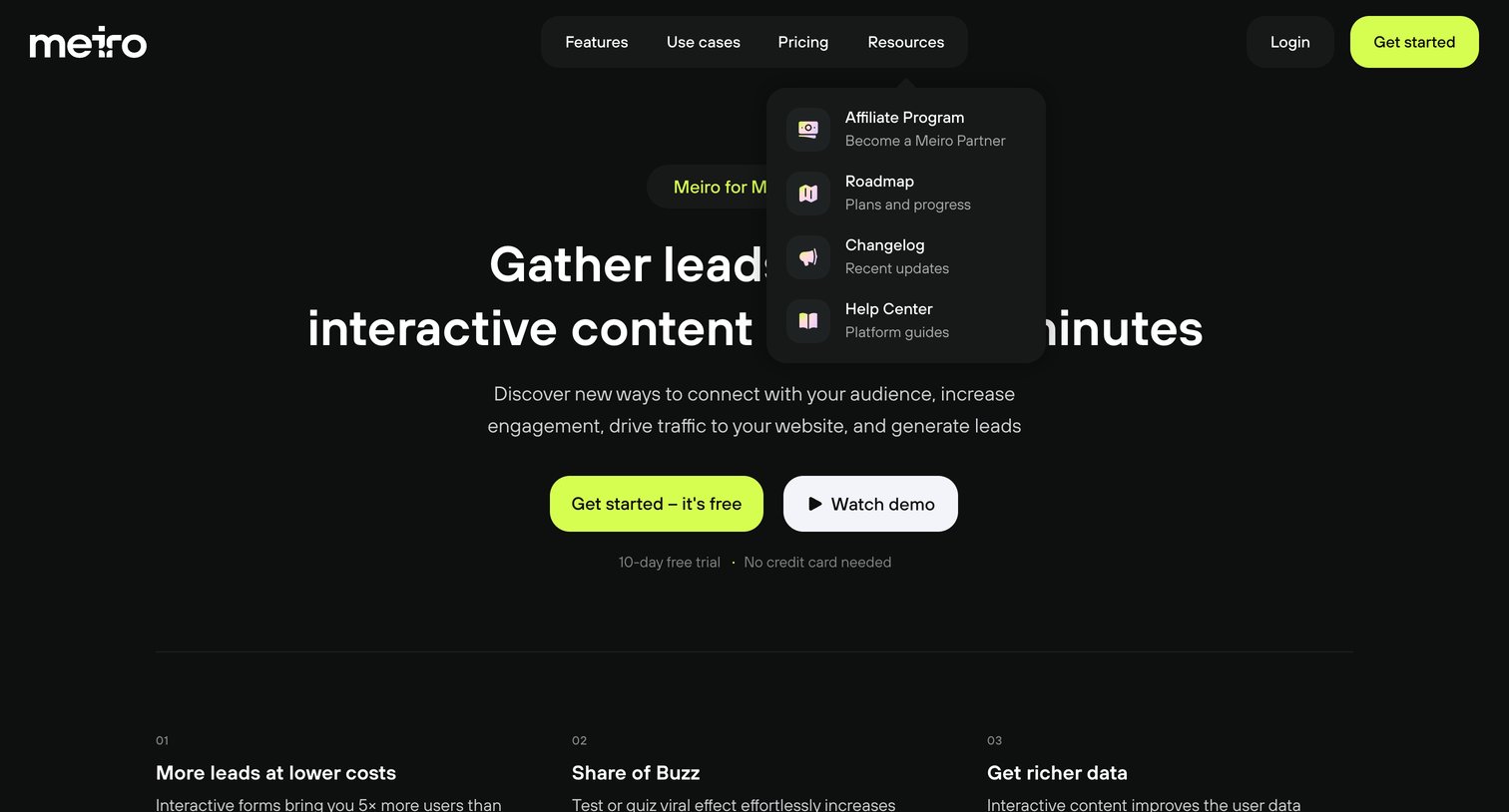 Meiro - Meiro for Marketing · Gather leads with interactive content creat screen