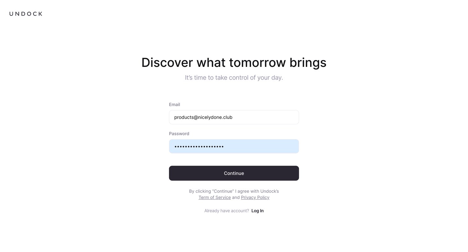 Undock - Sign Up | Undock screen