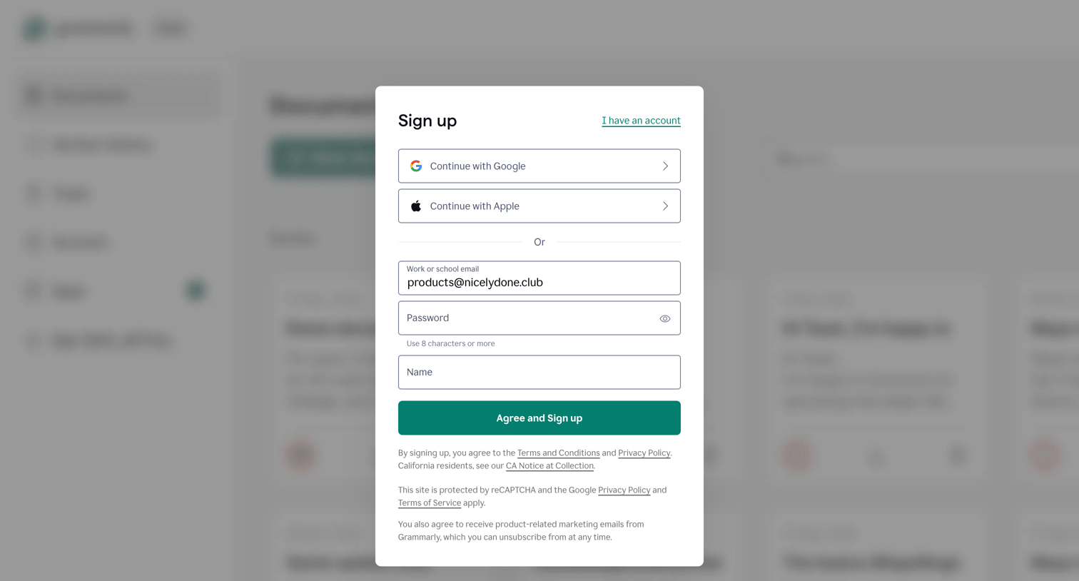 Grammarly - Sign Up – Create a Free Account | Grammarly screen