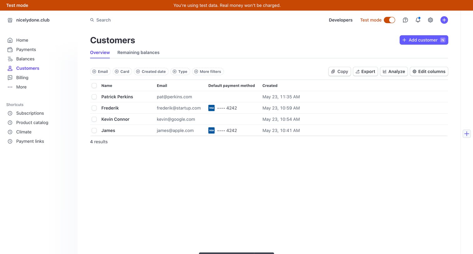 Stripe - Customers – nicelydone.club – Stripe [Test] screen
