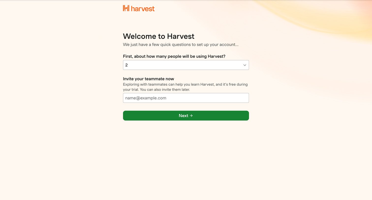 Harvest - Welcome to Harvest screen