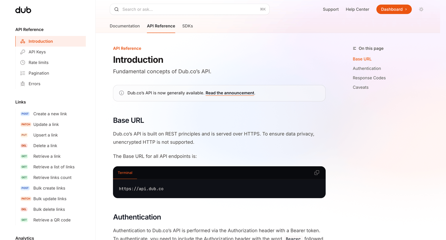 Dub - Dub.co API Reference - Introduction screen