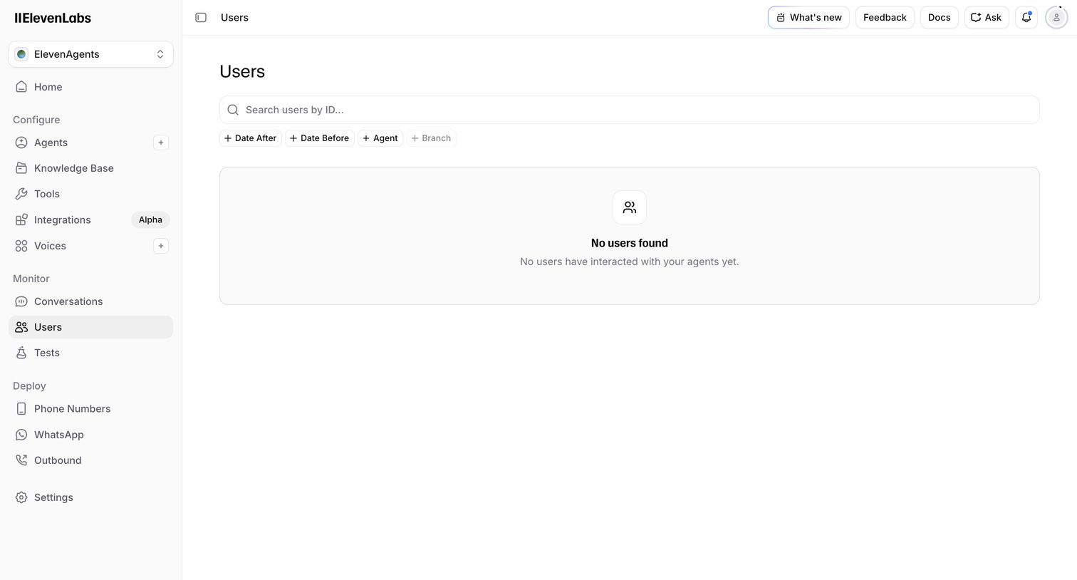 Elevenlabs - ElevenAgents - Users | ElevenLabs screen