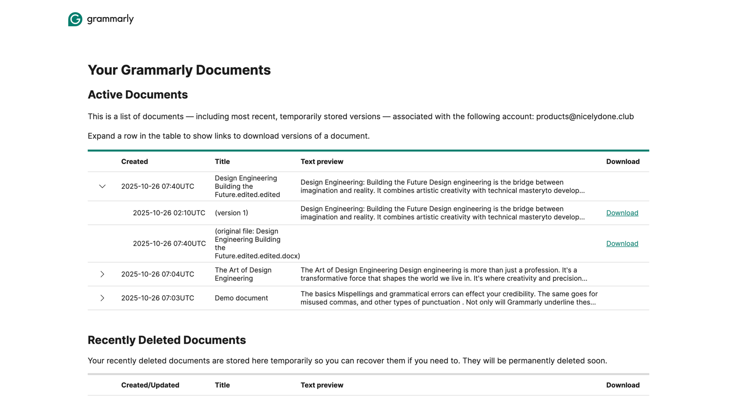 Grammarly - Your Grammarly Documents screen