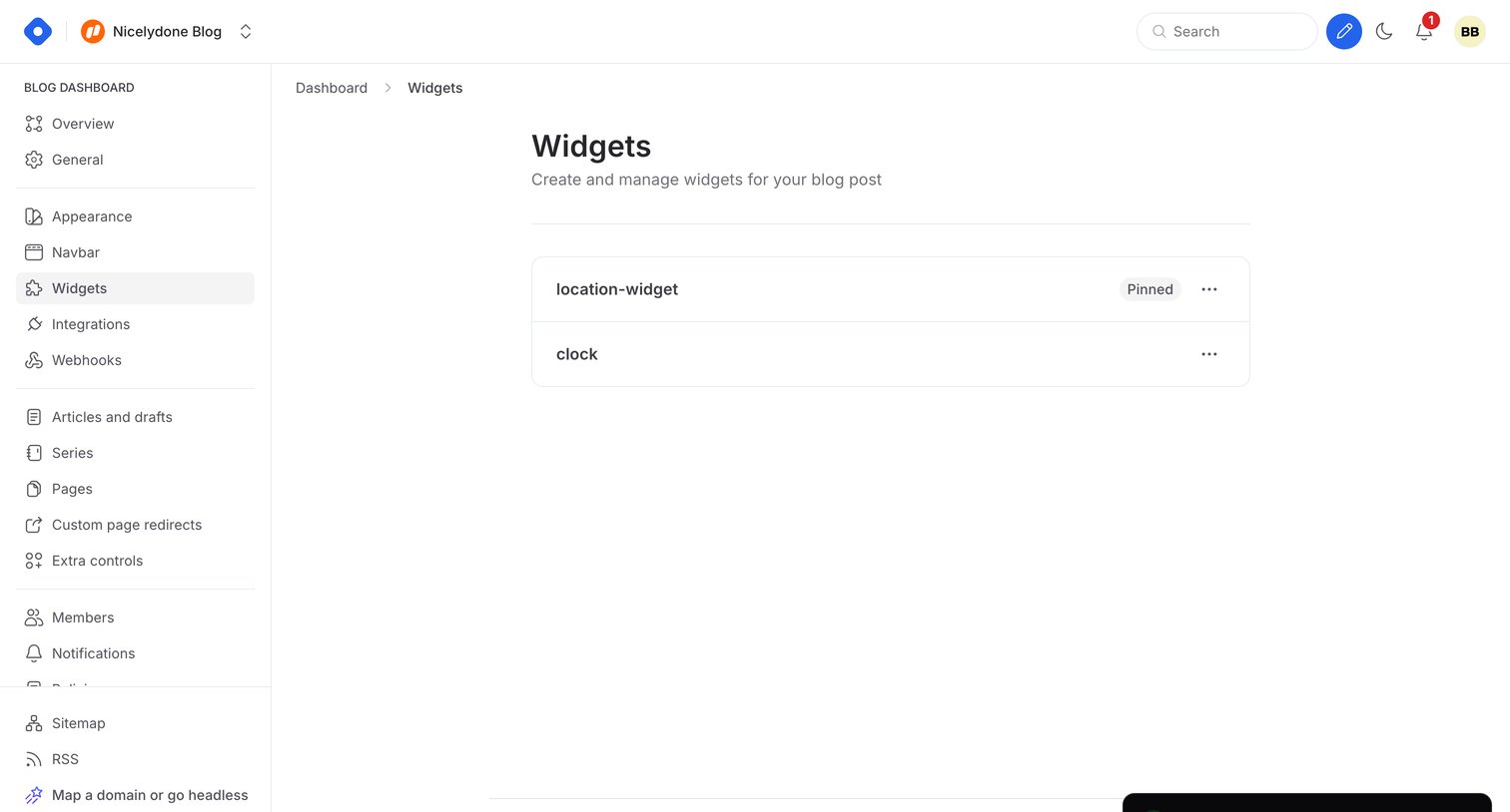 Hashnode - Dashboard - Widgets screen