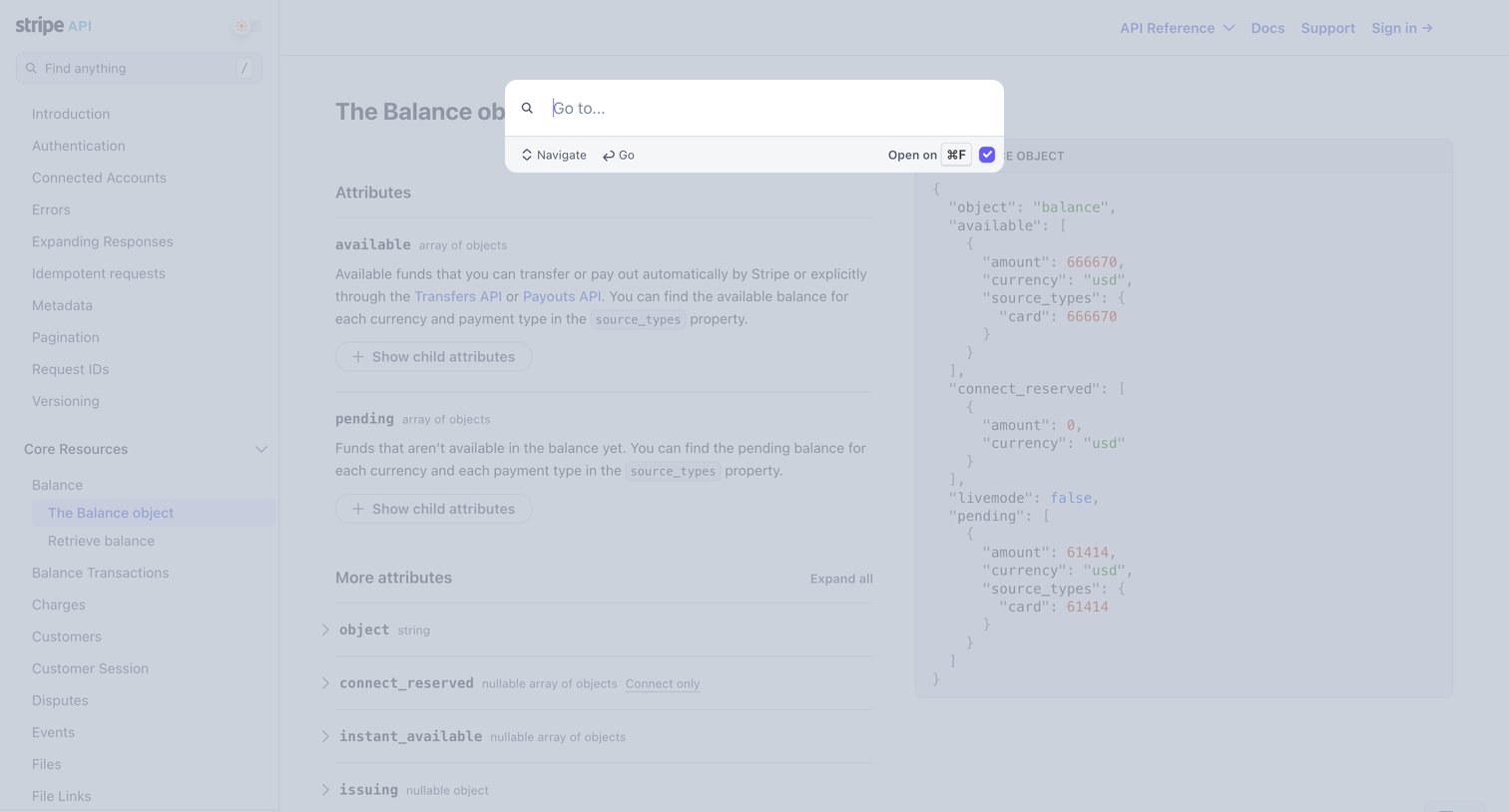 Stripe - The Balance object | Stripe API Reference screen