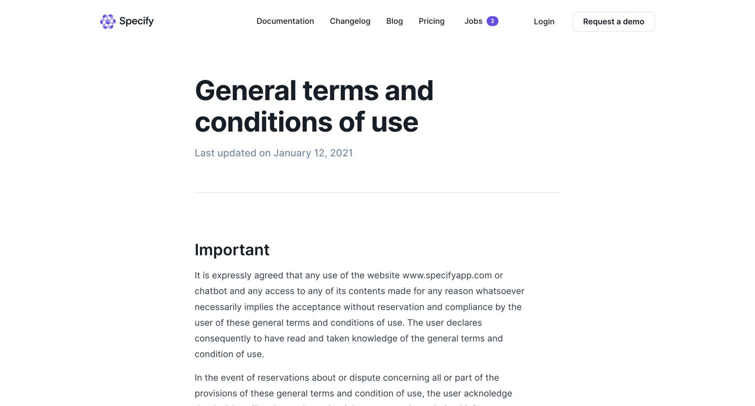 Specify - Specify | Terms and Conditions of Use screen