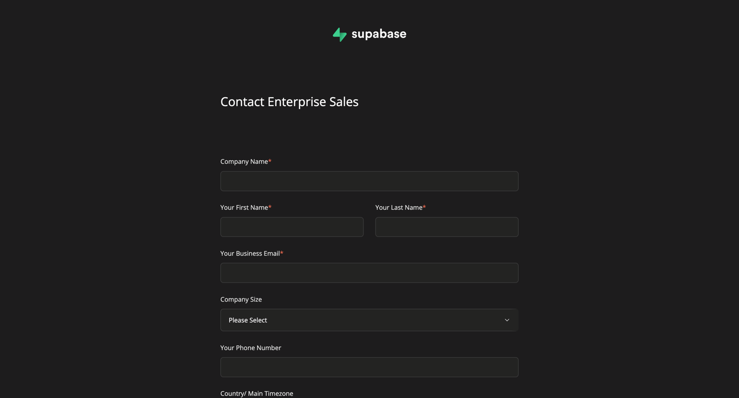 Supabase - Enterprise Contact Form screen