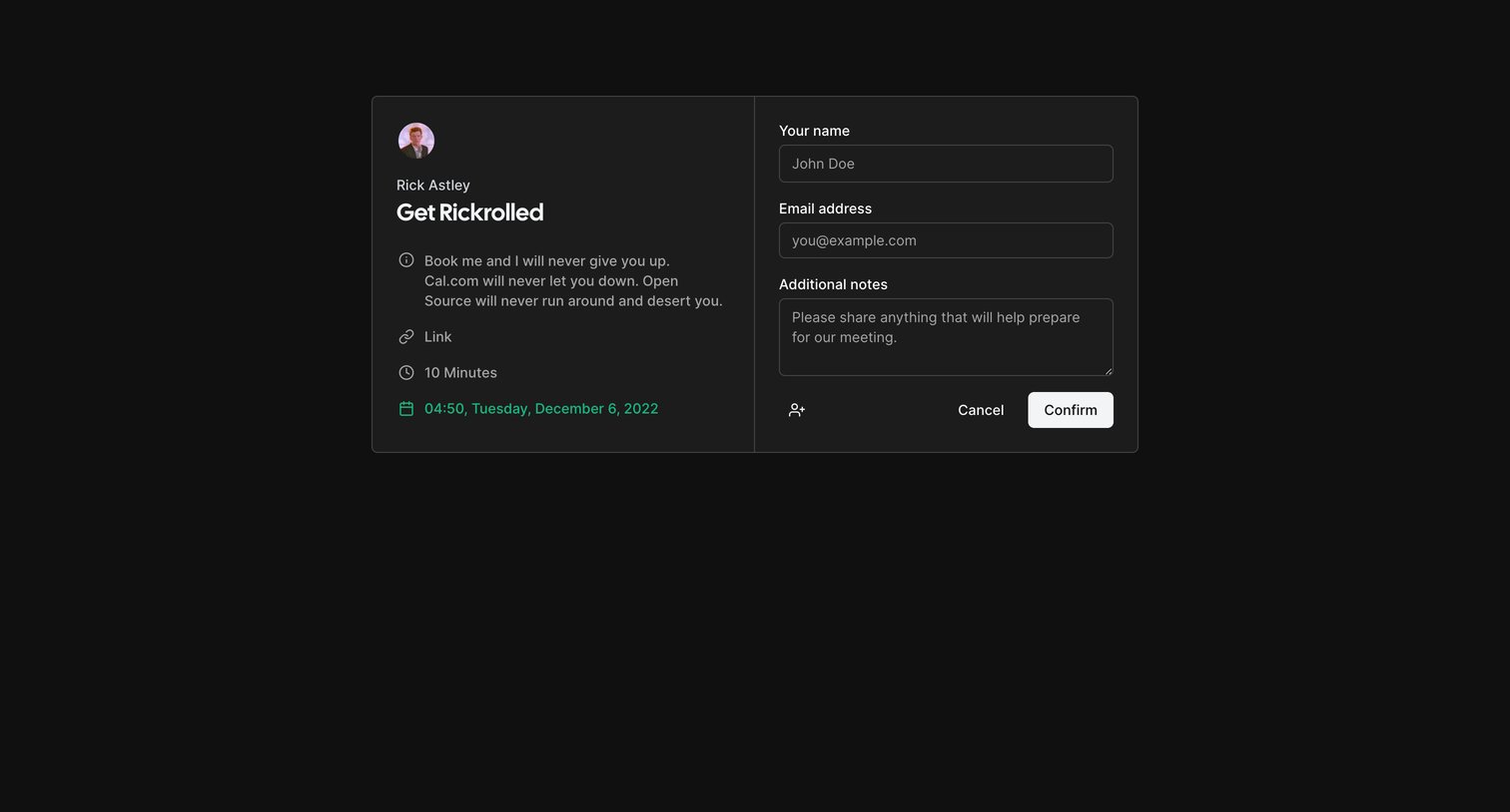 Cal.com - Confirm your Get Rickrolled with Rick Astley | Cal.com screen